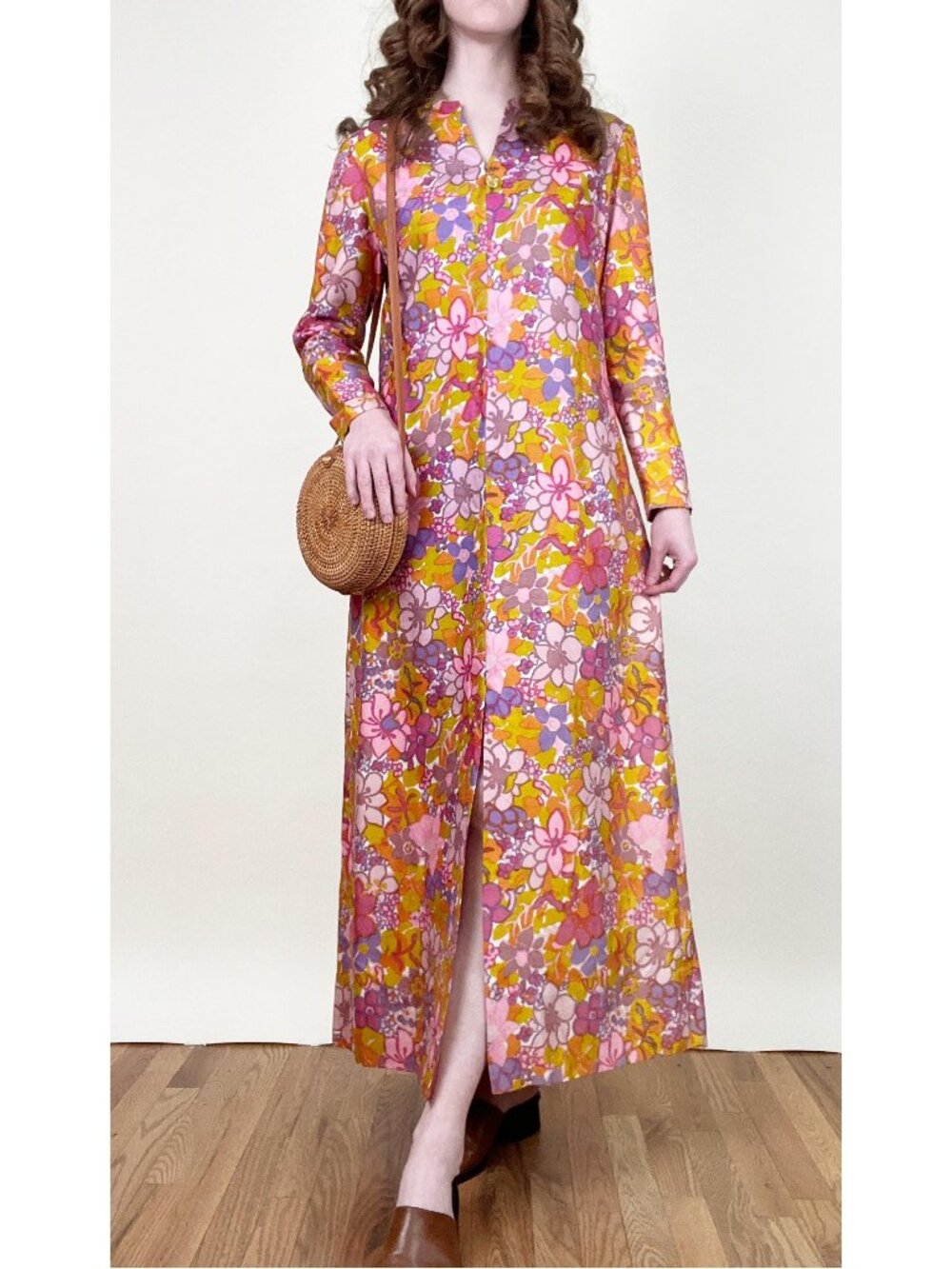 Vintage 60s 70s Silk Caftan Maxi Dress Floral Print Flower Power 1960's 1970's
